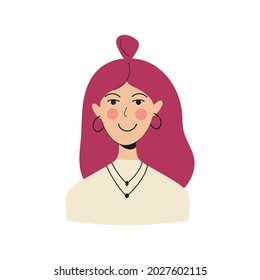 Avatar in flat cartoon style with smiling. Girl with purple hair. Vector illustration.