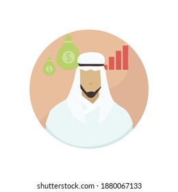 Avatar diseño plano de empleado humano, empresario musulmán árabe concepto de tiempo y vector de dinero