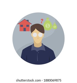 Avatar flat design of man employee, businessman and financial problem home and money vector