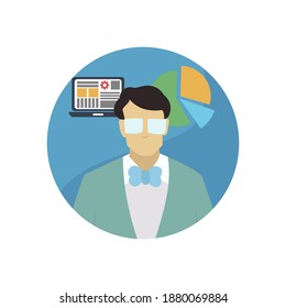 Avatar flat design of man employee, businessman and project laptop and pie graphic vector