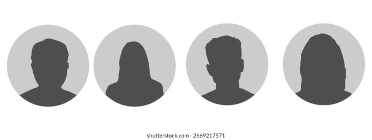 Avatar flat icon set. Default anonymous user portrait vector illustrations. Signs for man, woman faceless profile picture. Gray round website 
