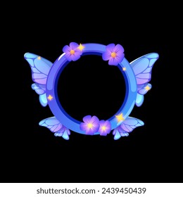 Avatar frame butterfly with flowers cartoon vector. Achievement round empty template border in shape of beautiful insect for ui game interface. Circle rank reward with sparkles on black