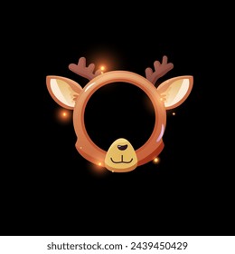 Avatar frame deer with horns cartoon vector. Achievement round empty template border in shape of cute animal muzzle mask for ui game interface. Glowing circle rank reward with sparkles on black