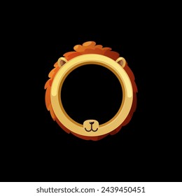 Avatar frame lion muzzle vector illustration. Achievement round empty template border in shape of cute wild animal mask for ui game interface. Cartoon circle rank reward on black