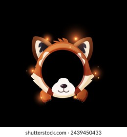 Avatar frame red panda with paws cartoon vector. Achievement round empty template border in shape of cat, cute animal muzzle mask for ui game interface. Circle rank reward with sparkles on black