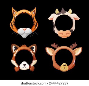 Avatar frames of tiger, cow, deer and fox cartoon vector set. Achievement round empty template frame in shape of cute animal muzzle mask for ui game interface. Award border, circle rank reward