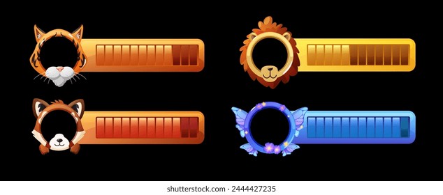 Avatar frames of tiger lion, butterfly and red panda with progress bar cartoon vector set. Achievement round empty border in shape of cute animal muzzle. Scores level or resource game ui menu