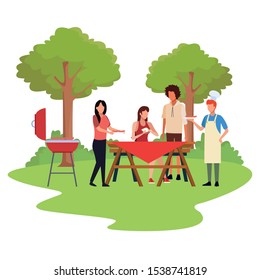 avatar friends at a bbq or picnic outdoors over white background, vector illustration