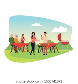 avatar friends and family enjoying a bbq and picnic over white background, colorful design , vector illustration