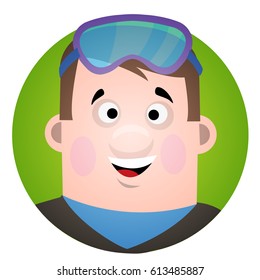 Avatar is a fun diver. Cartoon portrait of a man in a mask for scuba diving.