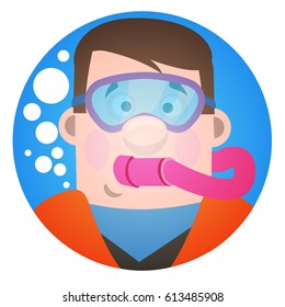 Avatar is a fun diver. Cartoon portrait of a man in a mask for scuba diving.