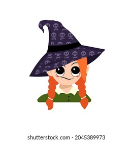Avatar of girl with big eyes and suspicious emotions in a pointed witch hat with skull. The head of a toddler with face. Halloween party decoration