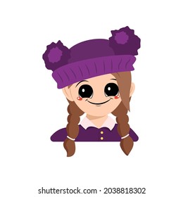 Avatar of a girl with big eyes and a wide happy smile in a purple hat with a pompom. Head of a child with a joyful face