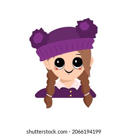 Avatar of a girl with big eyes and a wide happy smile in a purple hat with a pompom. Head of a child with a joyful face