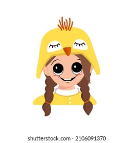 Avatar of girl with big eyes and wide happy smile in cute yellow chicken hat. Head of child with joyful face for holiday Easter, New Year or costume for party. Vector flat illustration