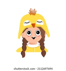 Avatar of girl with big eyes and wide happy smile in cute yellow chicken hat. Head of child with joyful face for holiday Easter, New Year or costume for party. Vector flat illustration