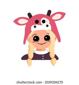 Avatar of a girl with blonde hair, big eyes and a wide happy smile in a cow hat. Head of a cute child with a joyful face in a carnival costume for the holiday or new year