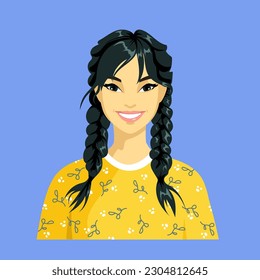 Avatar of a girl with braids on a blue background. Portrait of an Asian woman with black hair. A happy young woman is wearing yellow clothes with a floral pattern. Cartoon style. Vector illustration.