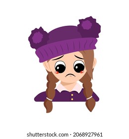 Avatar of girl with crying and tears emotion, sad face, depressive eyes in purple hat with pompom. Head of child with melancholy expression