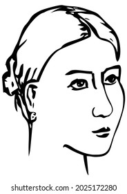 Avatar for a girl face with highlighted hair bun with an elastic band. Hand made a line art sketch, vector image