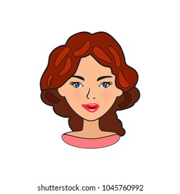 Avatar of the girl. Fashion hairstyle and makeup. The head of a woman. Smile. Isolated icon. Vector illustration

