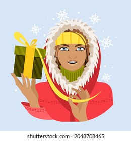Avatar of a girl in a fur hood with a Christmas present in her hand. Winter. Flat vector illustration.