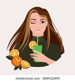 An avatar of a girl with loose hair holds a glass of citrus juice and drinks it from a straw, screwing up one eye. Vector flat illustration.