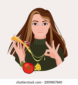An avatar of a girl with loose hair holds a slice of pizza in his hands and stretches the melted cheese with his other hand. Vector flat illustration.