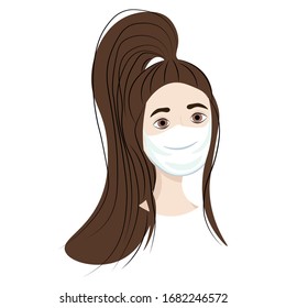 Avatar of a girl in a medical mask isolated on white background. Precautions against virus, air pollution, smog. Nursing staff in a flat style. Outbreak Defense. Stock vector illustration for design.