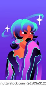 Avatar of girl with modern accessory in space style. Portrait of fashion young woman with stylish haircut, trendy earrings in planet shape. Happy person with cute jewelry. Flat vector illustration