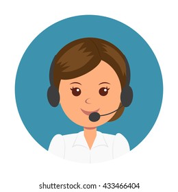 Avatar girl operator. Woman icon illustration. Portrait of a female with microphone in a cartoon style in a circle. Isolated woman avatar for ui and web design.