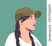 avatar girl with pigtail hairstyle wearing hat. side view. vector graphic.
