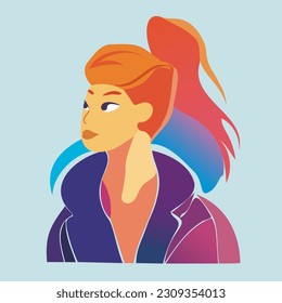 Avatar of a girl in a ponytail. Portrait of a girl with red hair and a jacket. vector flat character