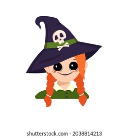 Avatar of a girl with red hair, big eyes and a wide happy smile in a pointed witch hat with a skull. The head of a child with a joyful face. Halloween party decoration