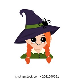 Avatar of a girl with red hair, big eyes and a wide happy smile in a pointed witch hat with a spider. The head of a child with a joyful face. Halloween party decoration
