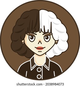 Avatar of a girl with short wavy black and white hair and a dark jacket. Vector illustration in flat style of a young woman with fashionable black lips make-up and two-tone curly hair.