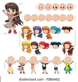 Avatar girl, vector illustration, isolated objects.  All the elements adapt perfectly each others. Larger character on the right is just an example. 5 eyes, 7 mouths, 10 hair and 6 clothes. Enjoy!!