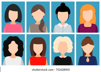 avatar girls without a face with different hairstyles. photos of young women. vector illustration. portraits.