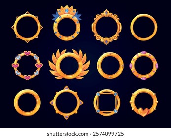 Avatar golden frames. Fantasy game gold frame, user rank award reward circular borders rpg gaming ui asset medieval royals round elements, set cartoon swanky vector illustration original artwork