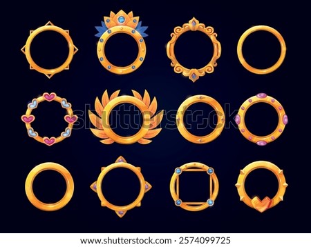 Avatar golden frames. Fantasy game gold frame, user rank award reward circular borders rpg gaming ui asset medieval royals round elements, set cartoon swanky vector illustration original artwork