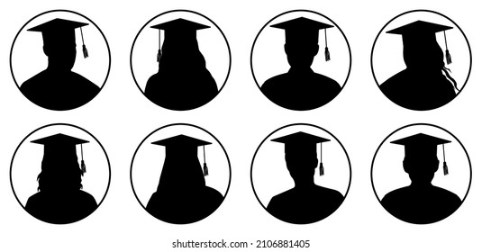 Avatar of graduate student, portraits of anonymous people, Set of silhouettes. Vector illustration