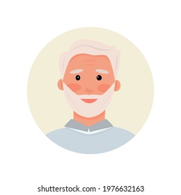 avatar of grandfather with a beard. The gray-haired old man. Portrait of a pensioner in a shirt and jumper. Design element for registration of a profile, chatbot, website, support. Vector illustration