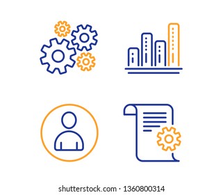 Avatar, Graph chart and Cogwheel icons simple set. Technical documentation sign. User profile, Growth report, Engineering tool. Manual. Business set. Linear avatar icon. Colorful design set. Vector