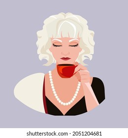 The avatar gray  haired woman and string pearls around his neck holds red cup in his hand    Flat vector illustration 