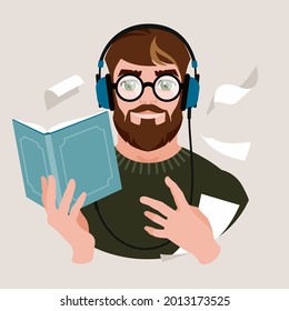An avatar of a guy with a beard and mustache holds a book in his hands and listens to an audiobook through headphones. Vector flat illustration.