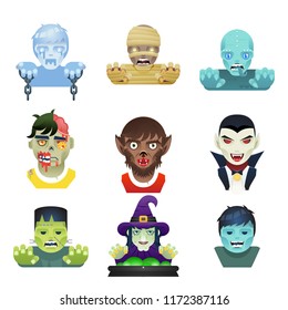 Avatar halloween party role bust characters icons flat design greeting card template vector illustration