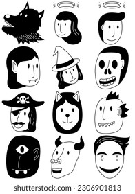 Avatar halloween vector set, Avatar simple cartoon style. Face halloween simple cartoon style.