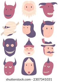 Avatar halloween vector set, Avatar simple cartoon style. Face halloween simple cartoon style.