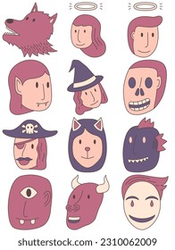 Avatar halloween vector set, Avatar simple cartoon style. Face halloween simple cartoon style.