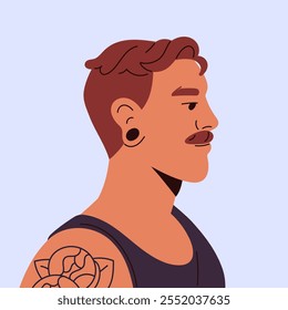 Avatar of happy adult man with tattoo and piercing. Square shape male portrait for user profile. Person with smile face side view. Flat isolated vector illustration